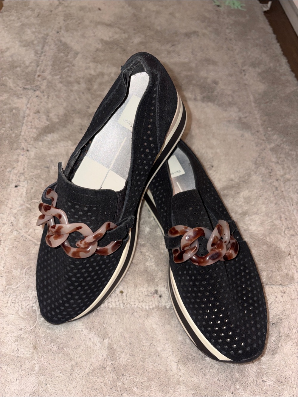 Dolce Vita Black Suede Wedge Loafers with Tortoiseshell Chain